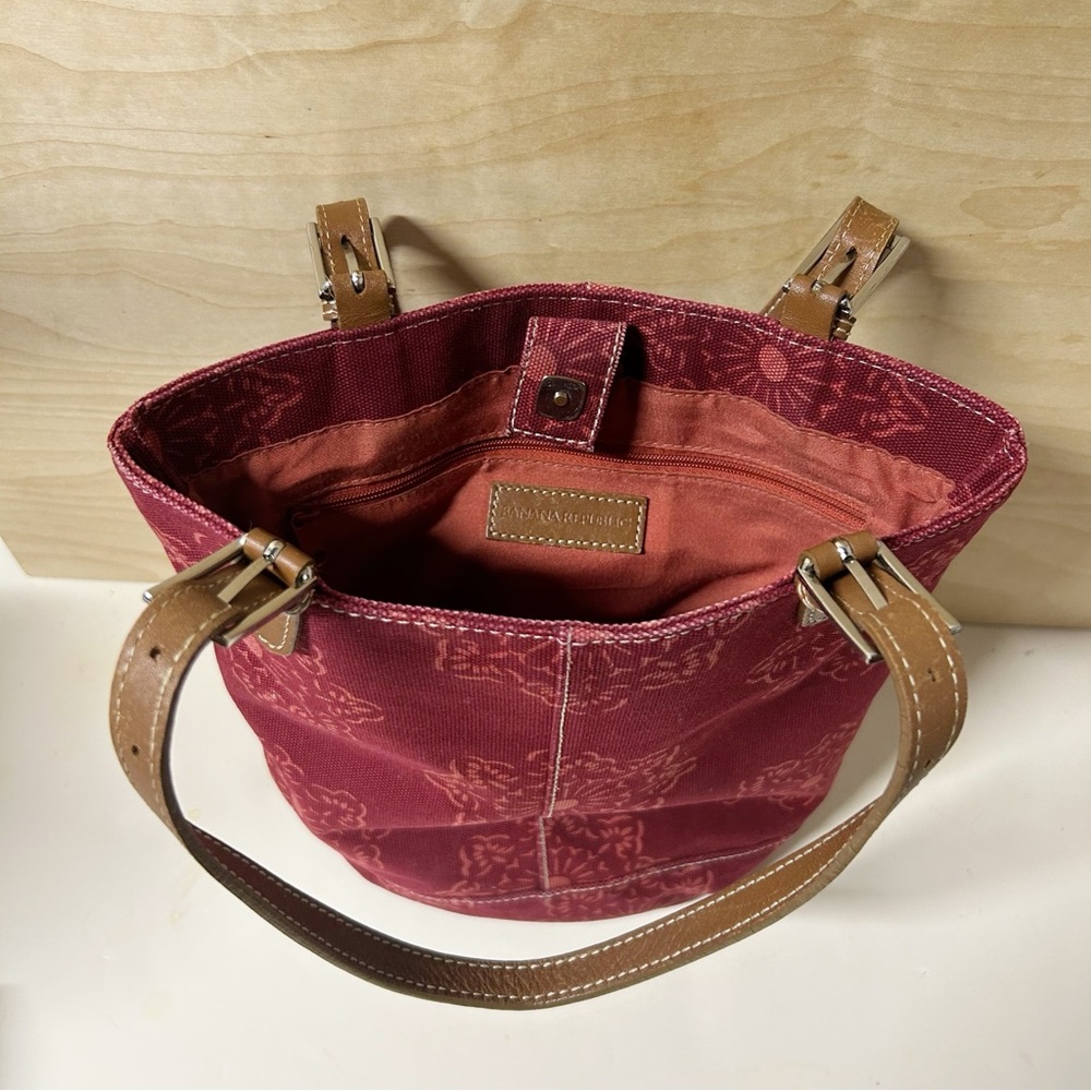 VTG Banana Republic Factory Burgundy Red Cotton Tote Bag w Leather Handles - Picture 5 of 13